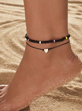 2Pcs Heart Rice Bead Foot Chain Waterproof Wax Thread Double