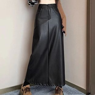 Skirt for High waisted Simple Leather Solid Vintage Women