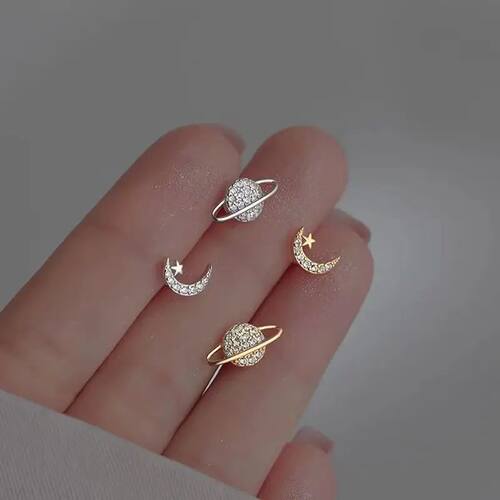 Simple Piercing Stud Earrings for Women Star Moon Zircon Sil