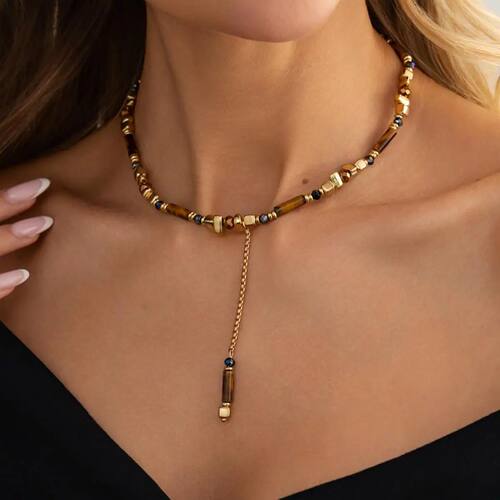 Tiger Eye Stone Beaded Pendant Necklace Women Irregular Y-Sh