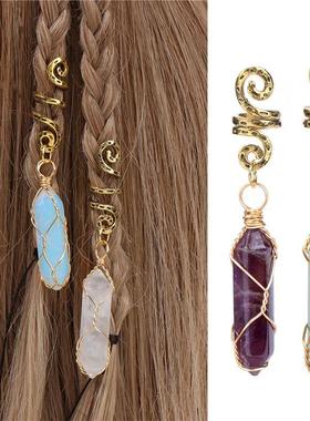 Hair Braid Hexagonal Column Beads Clips Natural Crystal Ston