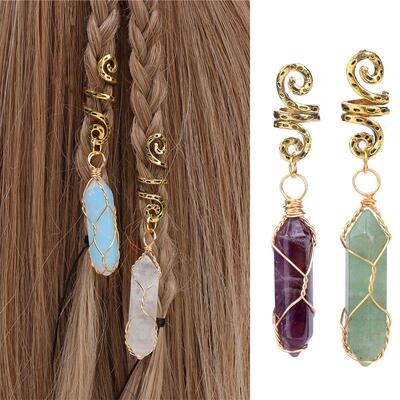 Hair Braid Hexagonal Column Beads Clips Natural Crystal Ston