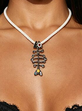 Boho Hand Woven Rope Pendant Necklace Metal Multicolor Print