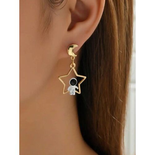 Asymmetric Astronaut Star And Moon Drop Earrings For Women