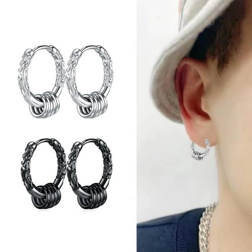 2pcs Cool Hoop Earrings for Men Black Silver Color Hip Hop E