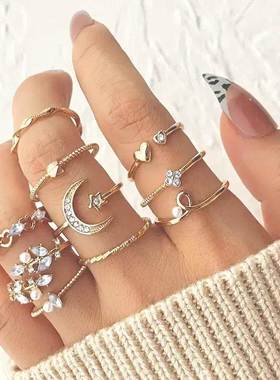 Boho Gold Color Heart Rings Set For Women Vintage Geometric