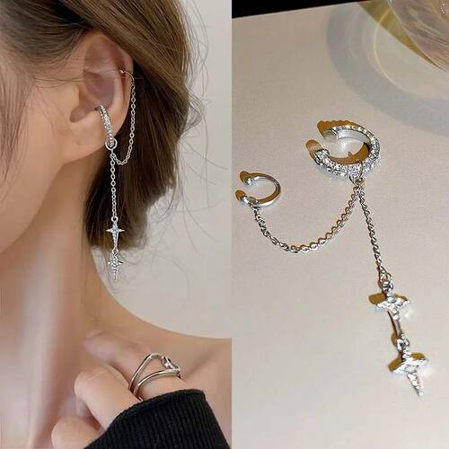 Shiny Cross Sar Silver Color Crysal Tassel Cuff Ear Clip Ear