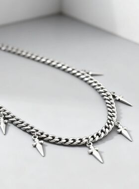 Punk Cross Pendant Cuban Chain Necklace Stainless Steel Silv