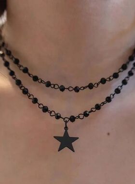 Y2K Punk Double Layered Black Crysal Bead Necklace for Women