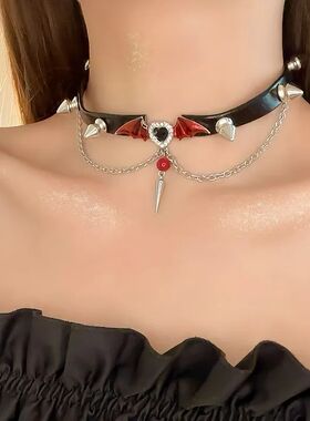 Y2K Punk PU Leaher Devil Wings Necklace for Women Men Grunge