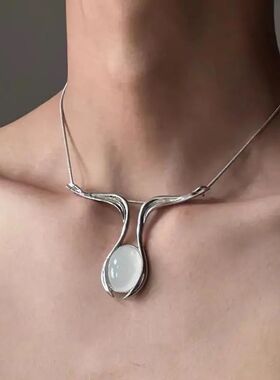 Y2K Oval Moonsone Pendan Necklaces for Women Men Hiphop Cool