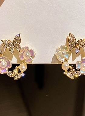 Butterfly Flower Circle Rhinestone Resin Animal Earrings For