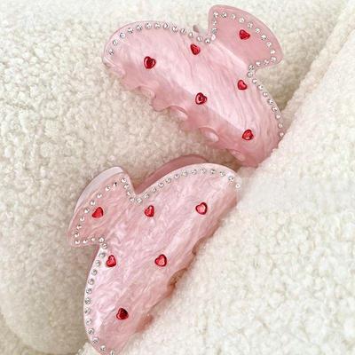 Korean Sweet Pink Rhinestone Heart Hair Clips for Women Kawa