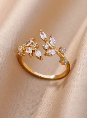 Zircon Leaves Open Rings For Women Gold Color Stainless Stee