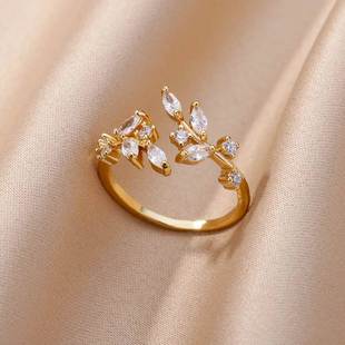 Stee Gold Leaves Open Rings Zircon Color Women For Stainless