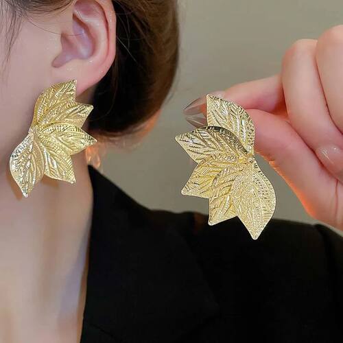 3D Metal Leaf Stud Earrings for Women Exaggerated Gold Color