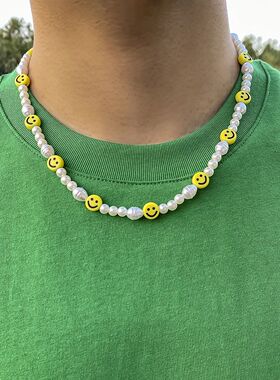 Boho Handmade Beaded Smiling Face Pearl Collar Clavicle Chai