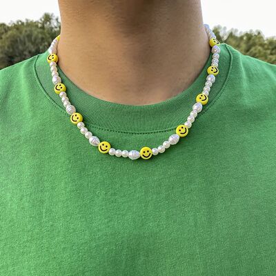 Boho Handmade Beaded Smiling Face Pearl Collar Clavicle Chai