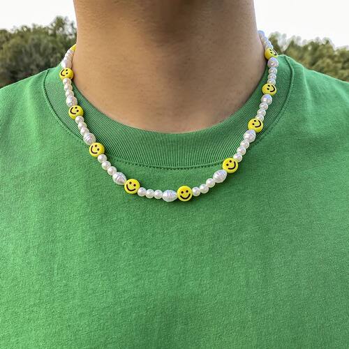 Boho Handmade Beaded Smiling Face Pearl Collar Clavicle Chai