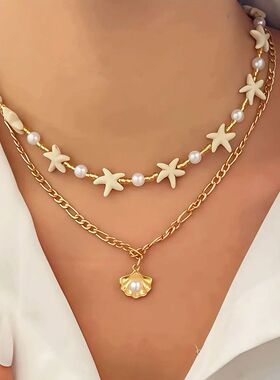Starfish Shell Pearl Necklace Gold Layered Beach Summer Figa