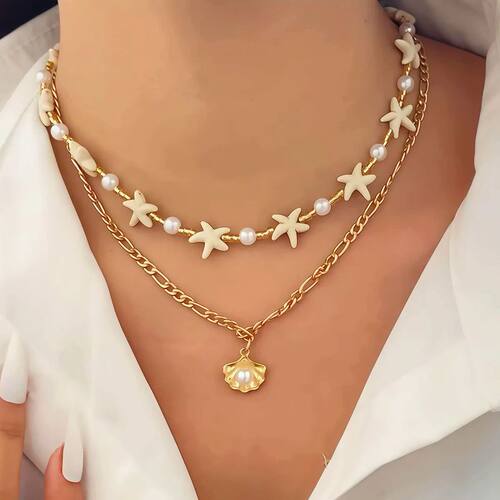 Starfish Shell Pearl Necklace Gold Layered Beach Summer Figa