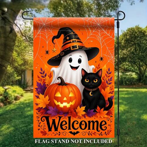 1pc 2D Flat Garden Flag, Halloween Pumpkin and Black Cat Des