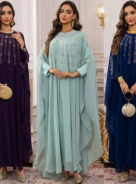Women Middle Eas Rhinesone Beaded Long Robe Shawl Sleeve Cap