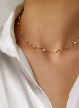 New Beads Women's Neck Chain Kpop Pearl Choker Necklace Gold