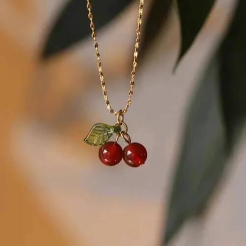 Luxury Stainless Steel Cherry Necklace Natural Stone Beads P