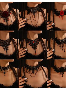 Gohic Punk Black Lace Necklace Women Boho Big Pearl Tassel S