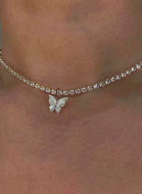 New Butterfly Pendant Choker Necklace Rhinestone Chain White