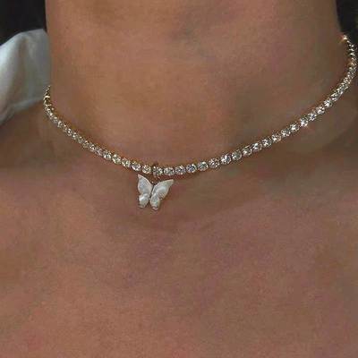 New Butterfly Pendant Choker Necklace Rhinestone Chain White