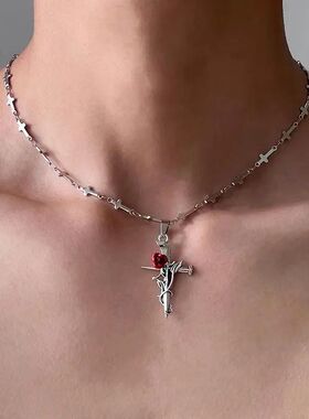 Punk Gohic Red Rose Vine Cross Pendan Necklace for Women Men