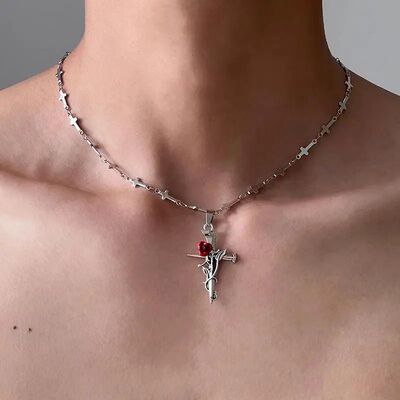 Punk Gohic Red Rose Vine Cross Pendan Necklace for Women Men