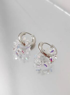 Y2k Meal Irregular Crysal Beaded Hoop Earrings for Women Sil