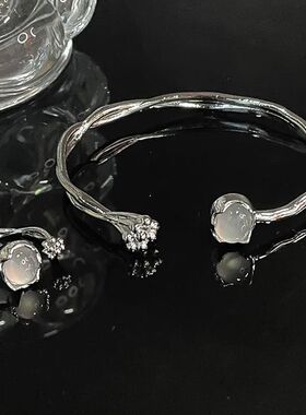 Punk Flower Bud Moonligh Sone Open Bracele & Rings Hip Hop f