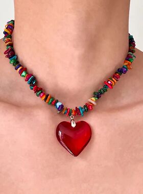 Y2K Red Hear Pendan Necklace for Men Women Punk Hiphop Irreg