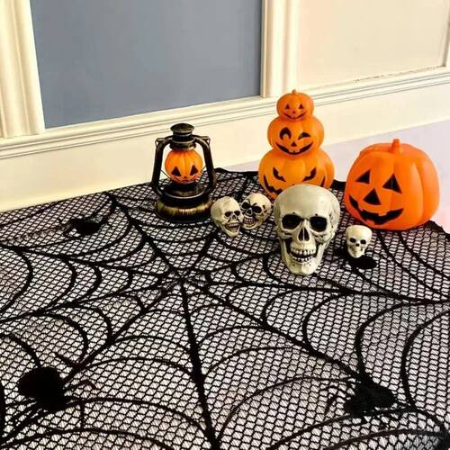 Halloween Lace Tablecloth, Black Lace Table Topper with Spid