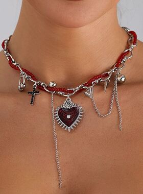 Red Beaded Hear Pendan Necklace for Women Exquisie Punk Cros