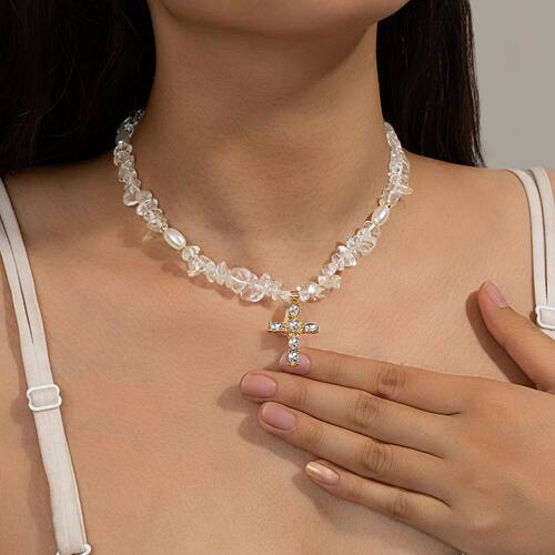 Crystal Choker Necklace for Women Pearl Cross Pendant Gold C