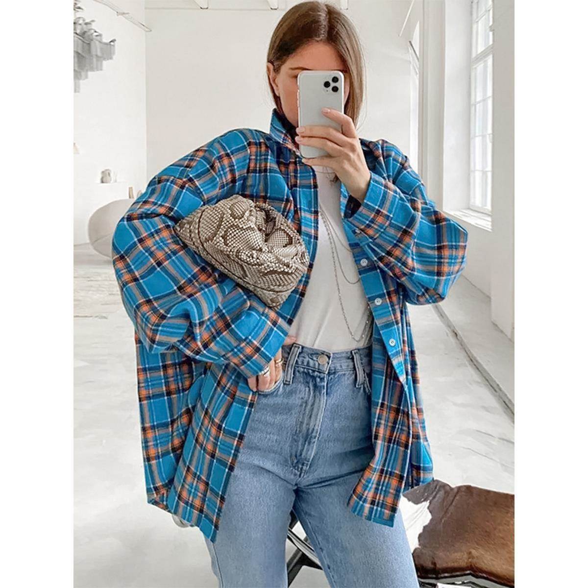 Grid high street loose shirt美式撞色格子衬衫高街宽松叠穿
