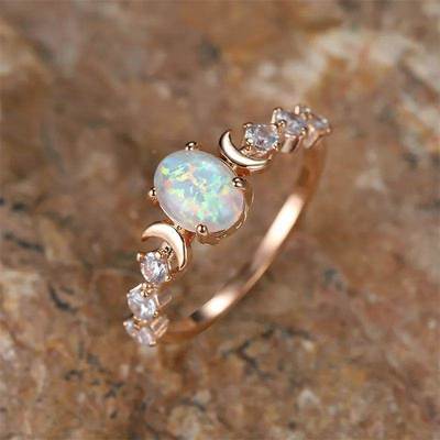 Rainbow White Fire Opal Ring Silver Rose Gold Color Small Mo