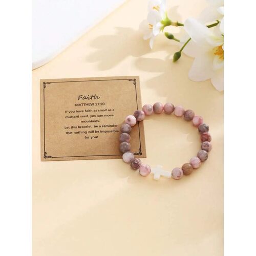 8mm Natural Stone Cross Bracelet With r Card Unisex Elastic