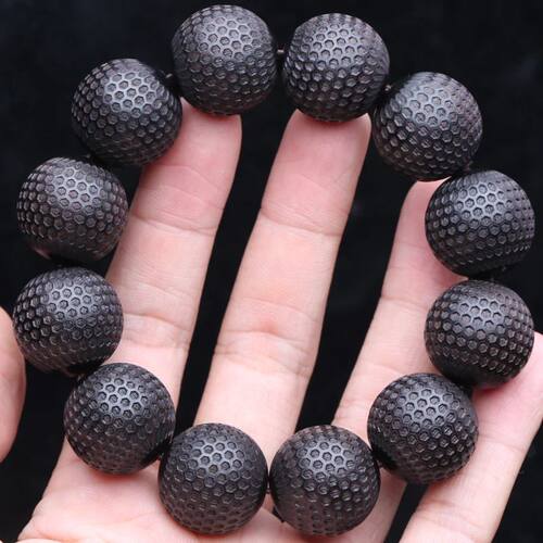 Natural ebony 20mm wood bead Bracelet Men's beaded carved bl
