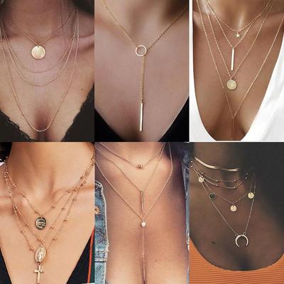 Vintage Multilayer Crystal Pendant Necklace Women Gold Color