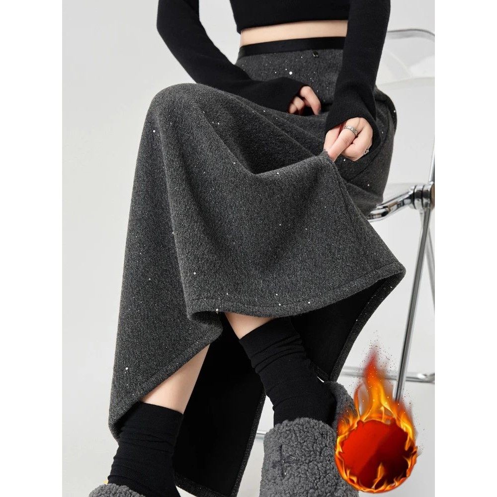 Vintage Velvet Women's Skirt Black Sequin Back Split Ankle-l