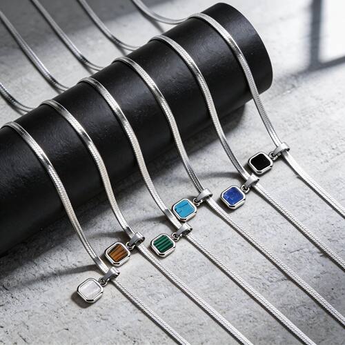 Geometric Square Natural Stone Pendant Necklace, Stainless S