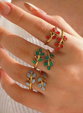 Stainless Steel Drip Oil Leaf Opening Ring for Women Girls L