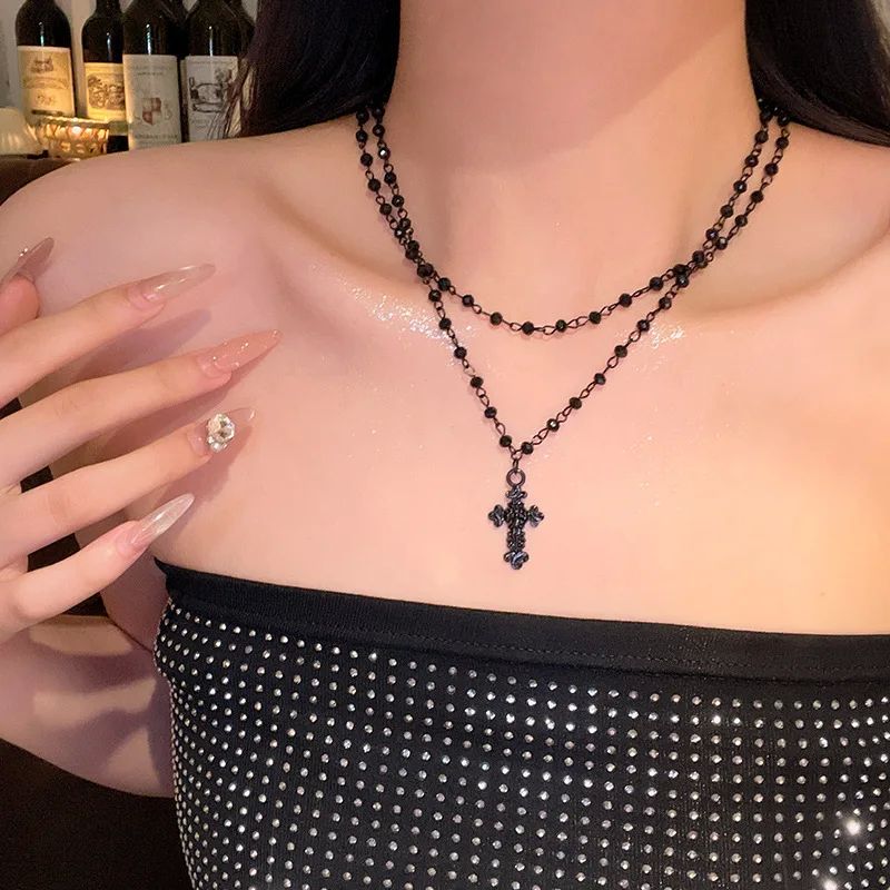 Dark Punk Cross Pentagram Pendant Double Layer Stacked Neckl