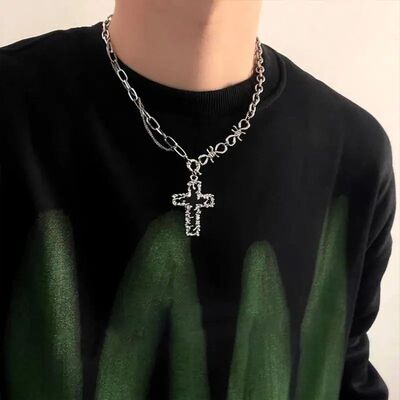 Gohic Cuban Chain Cross Pendan Necklace for Women Men Vinage